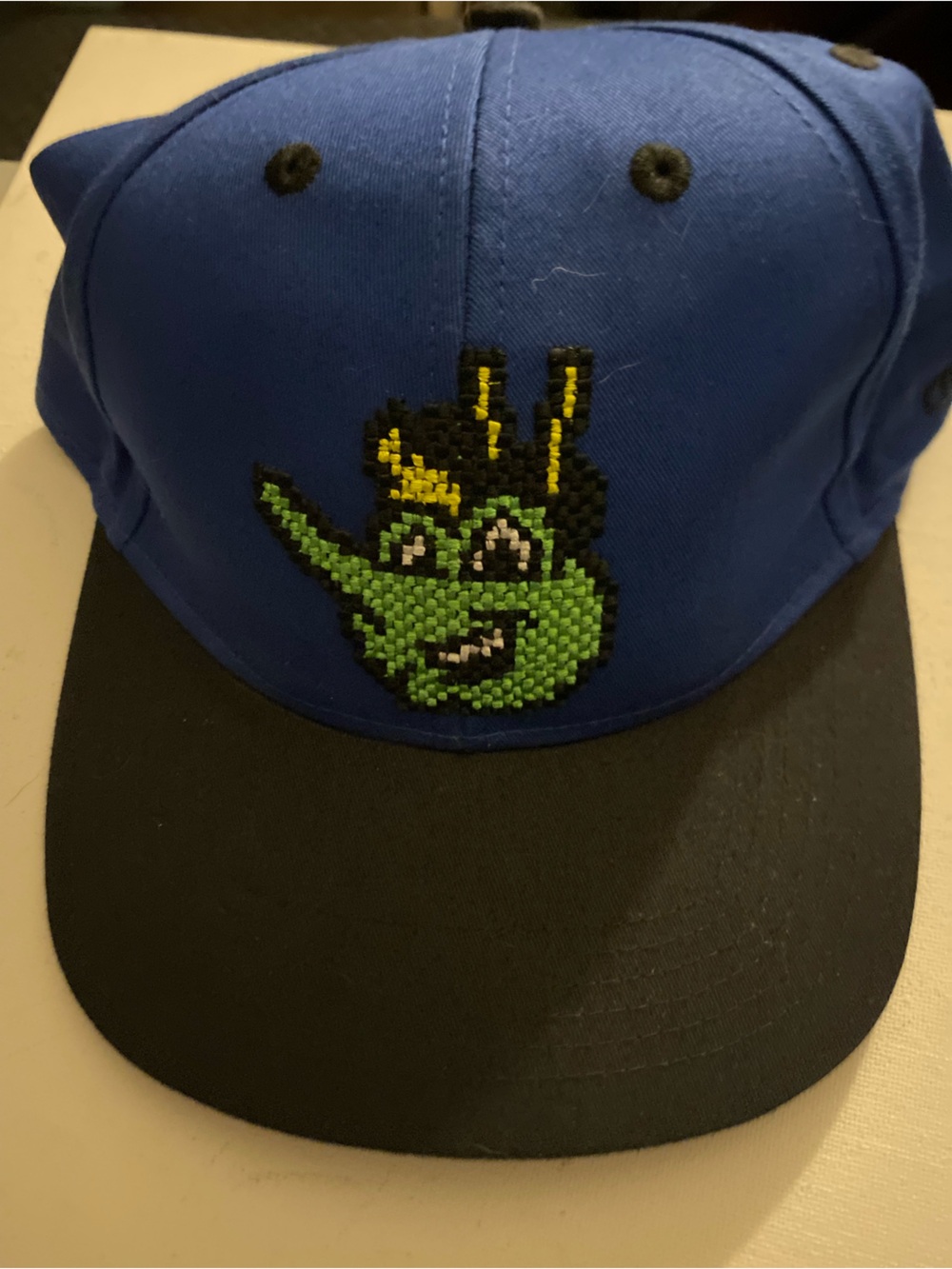 Kids Blue and Black Snapback Hat with Green Character Patch